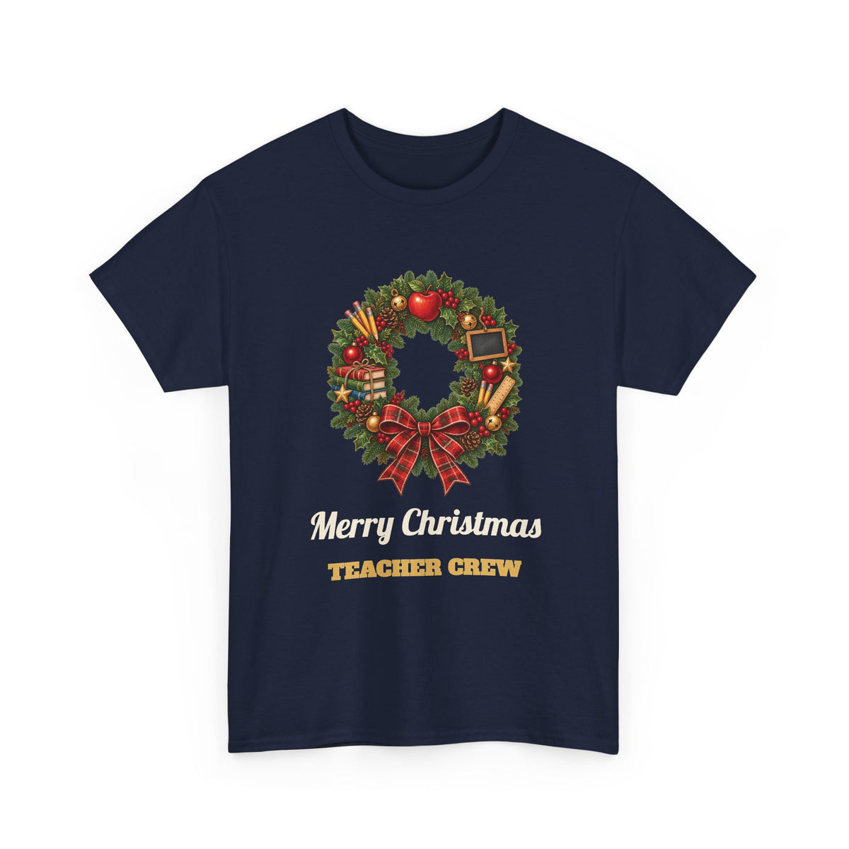 Navy Merry Christmas Teacher Crew t-shirt with a Christmas wreath, apple and pencils, front view