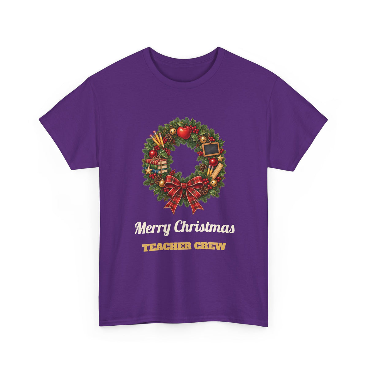 Purple Merry Christmas Teacher Crew t-shirt with a Christmas wreath, apple and pencils, front view
