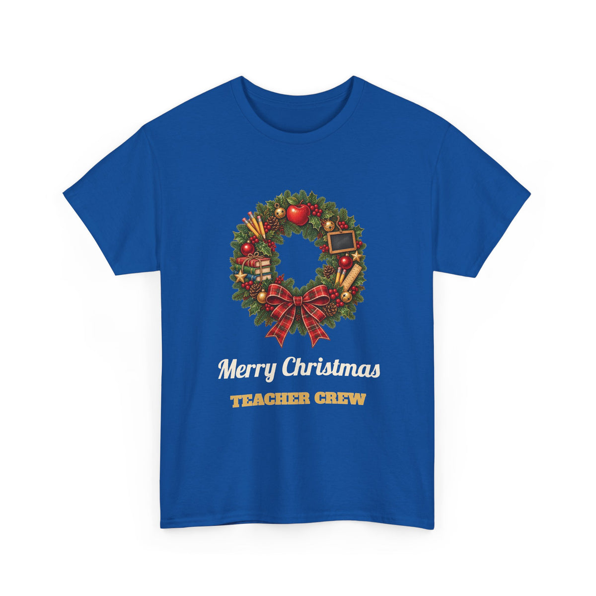 Royal Merry Christmas Teacher Crew t-shirt with a Christmas wreath, apple and pencils, front view