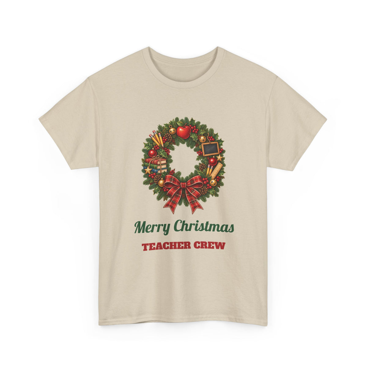 Sand Merry Christmas Teacher Crew t-shirt with a Christmas wreath, apple and pencils, front view