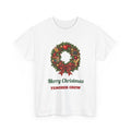 White Merry Christmas Teacher Crew t-shirt with a Christmas wreath, apple and pencils, front view