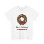 White Merry Christmas Teacher Crew t-shirt with a Christmas wreath, apple and pencils, front view