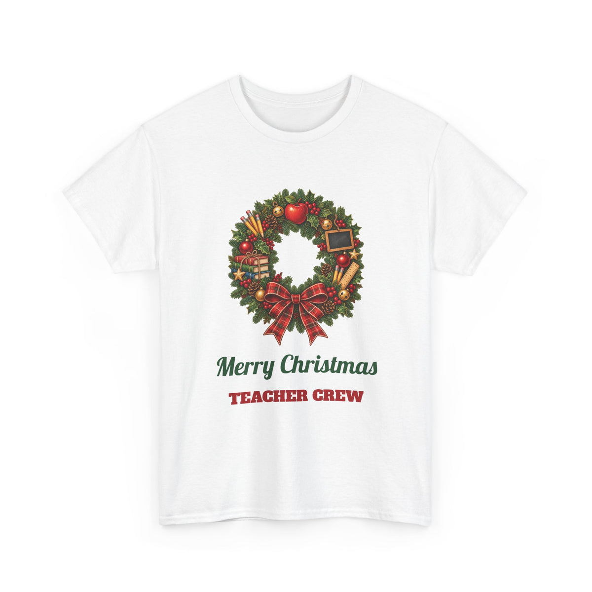 White Merry Christmas Teacher Crew t-shirt with a Christmas wreath, apple and pencils, front view