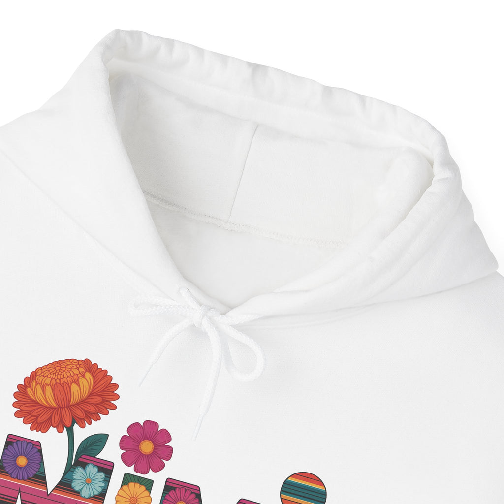 Mimi floral serape lettering hoodie, hood and print detail