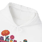 Mimi floral serape lettering hoodie, hood and print detail