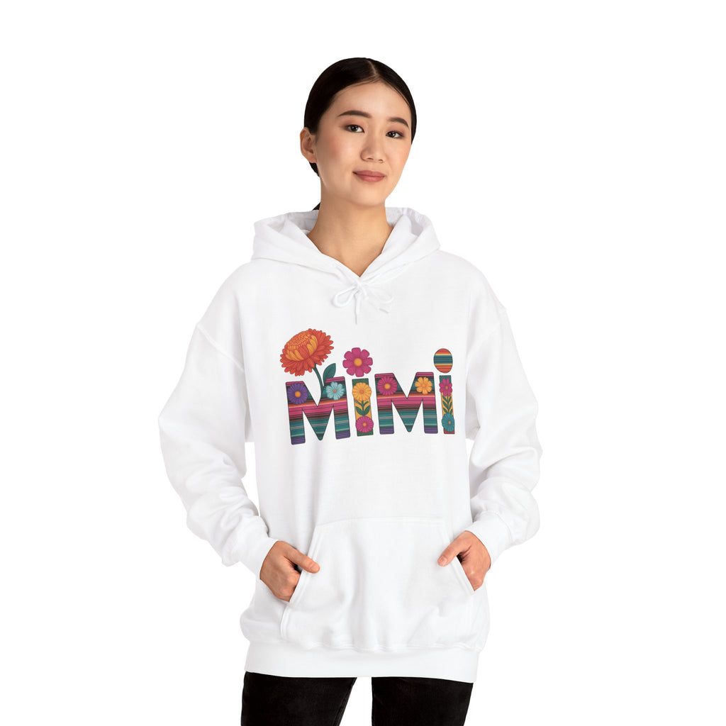 Model wearing the Mimi floral serape lettering hoodie