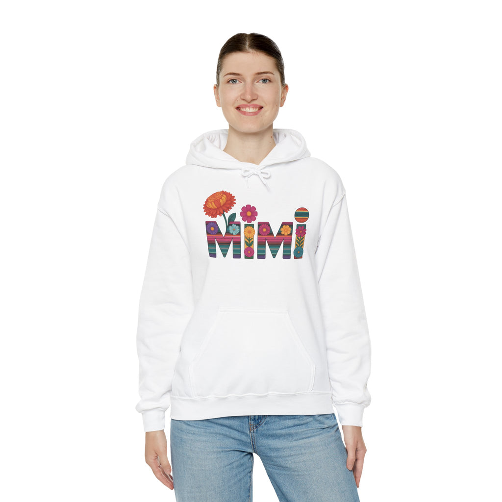 Model wearing the Mimi floral serape lettering hoodie
