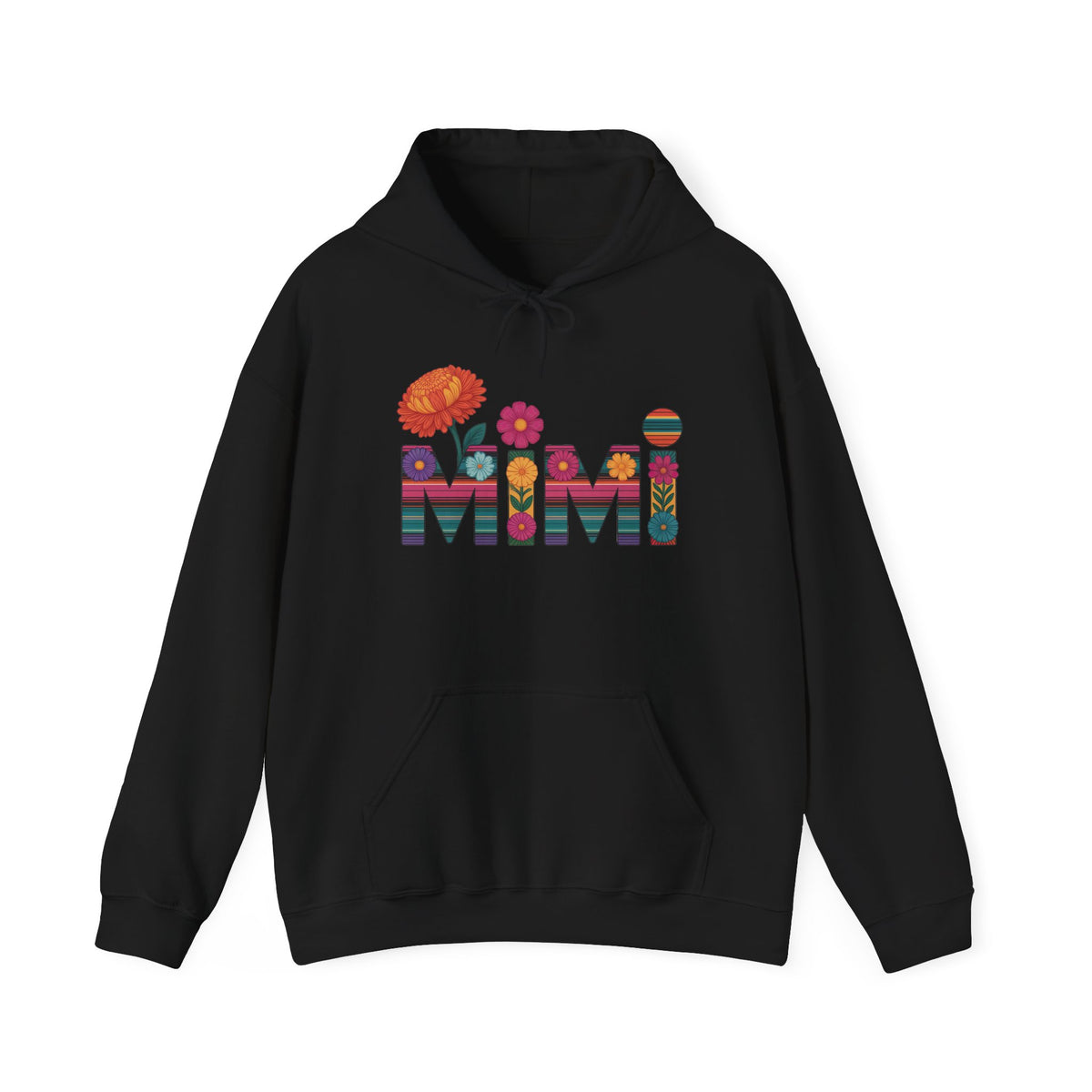 Black Mimi floral hoodie with serape striped letters and bright flowers