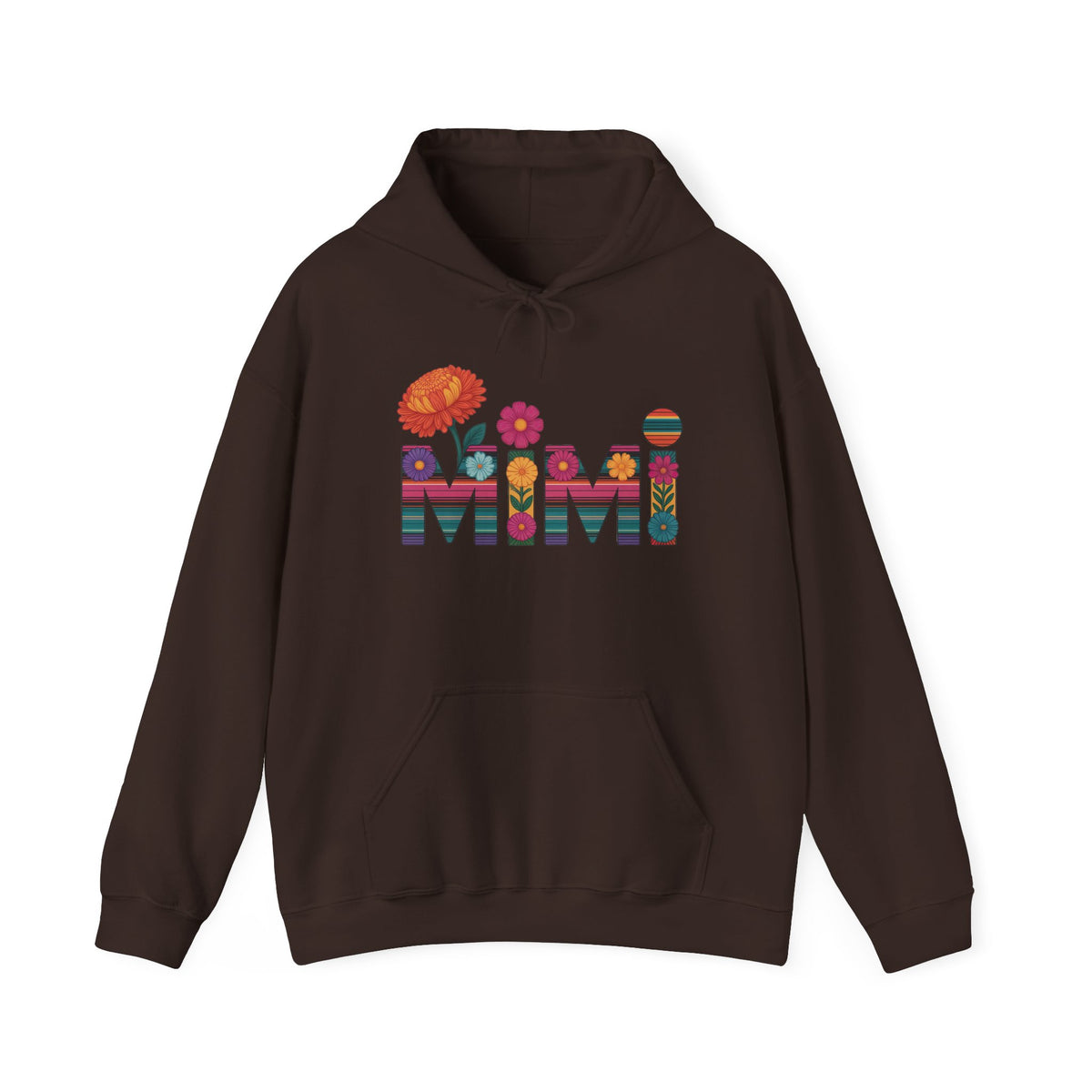 Dark chocolate Mimi floral hoodie with serape striped letters and bright flowers
