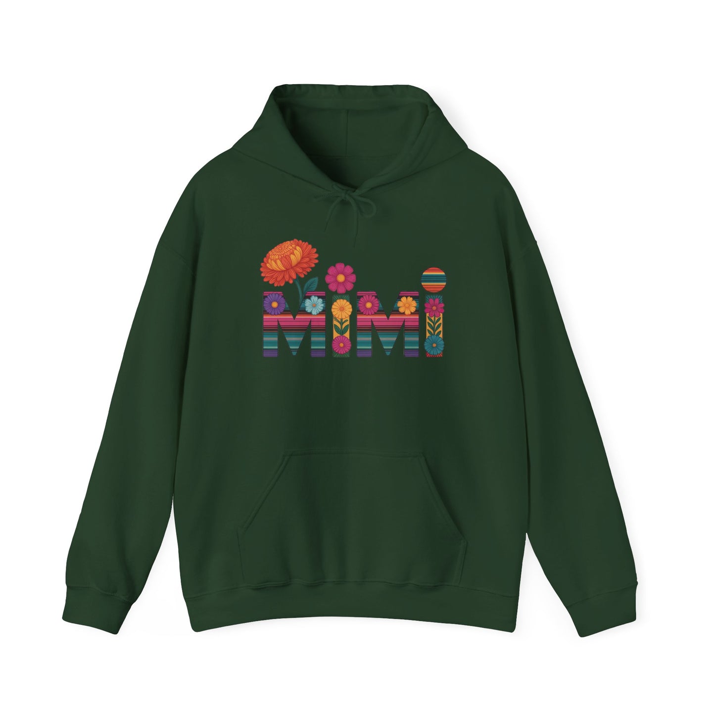 Forest green Mimi floral hoodie with serape striped letters and bright flowers