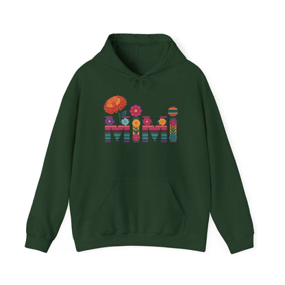 Forest green Mimi floral hoodie with serape striped letters and bright flowers
