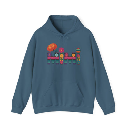 Indigo blue Mimi floral hoodie with serape striped letters and bright flowers