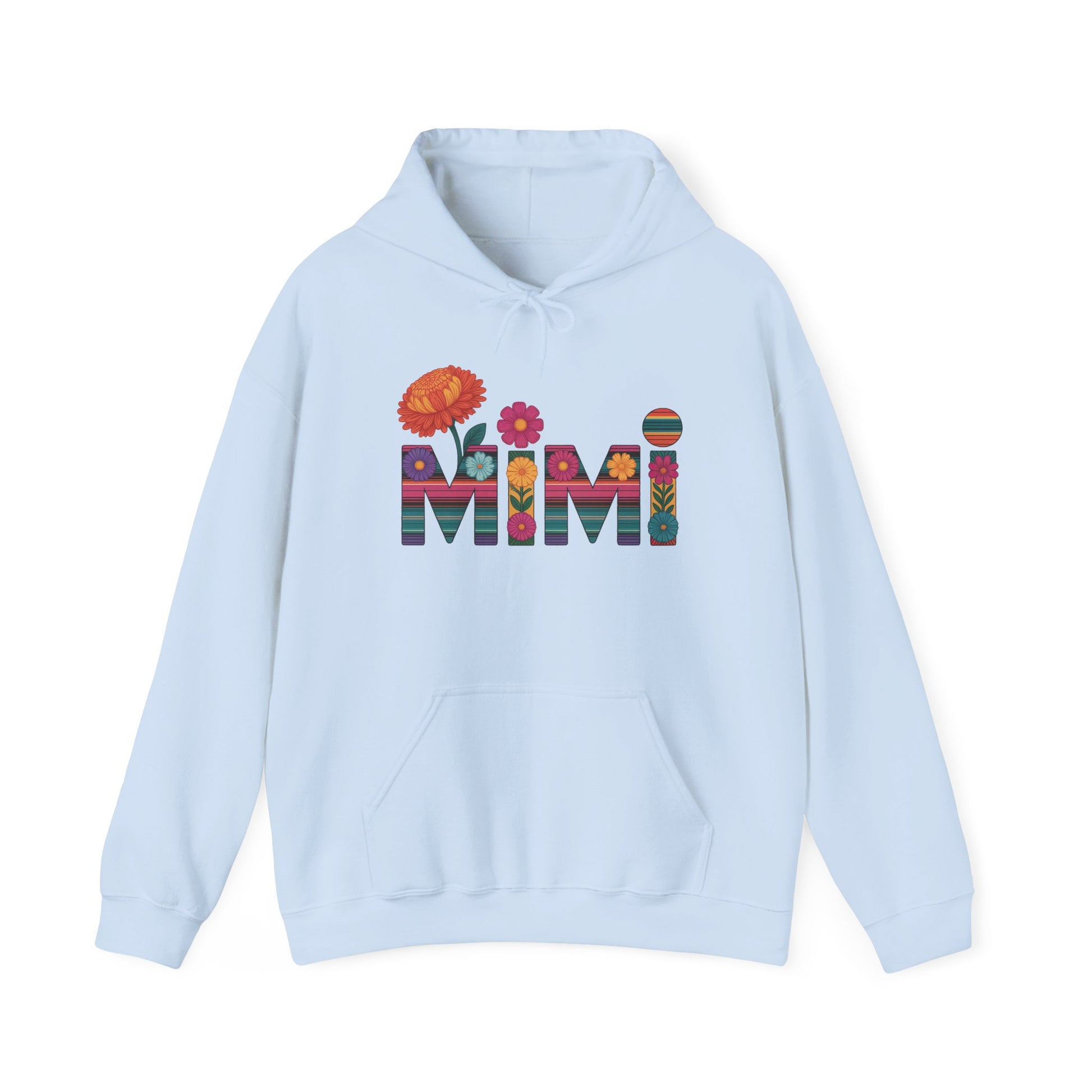 Light blue Mimi floral hoodie with serape striped letters and bright flowers