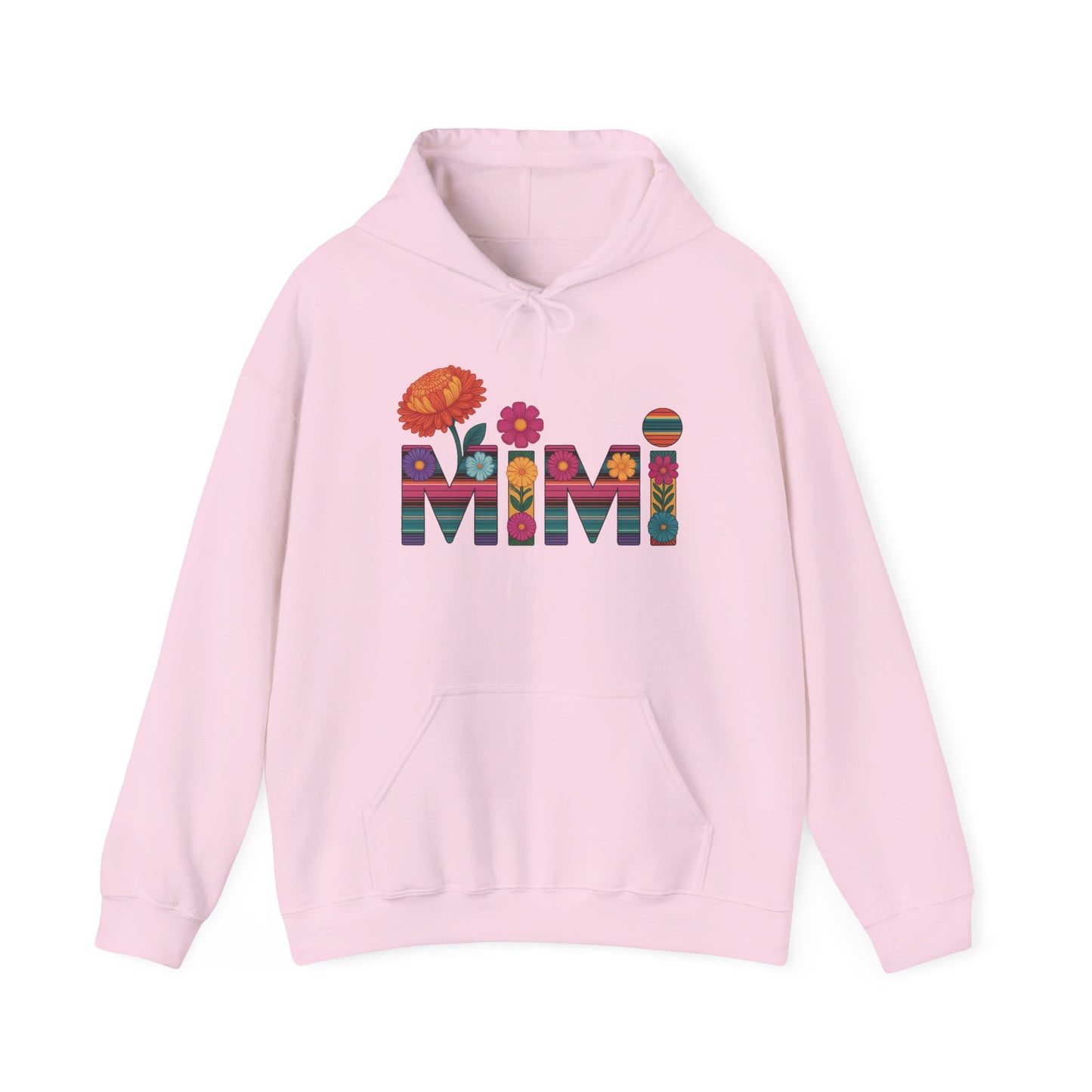 Light pink Mimi floral hoodie with serape striped letters and bright flowers