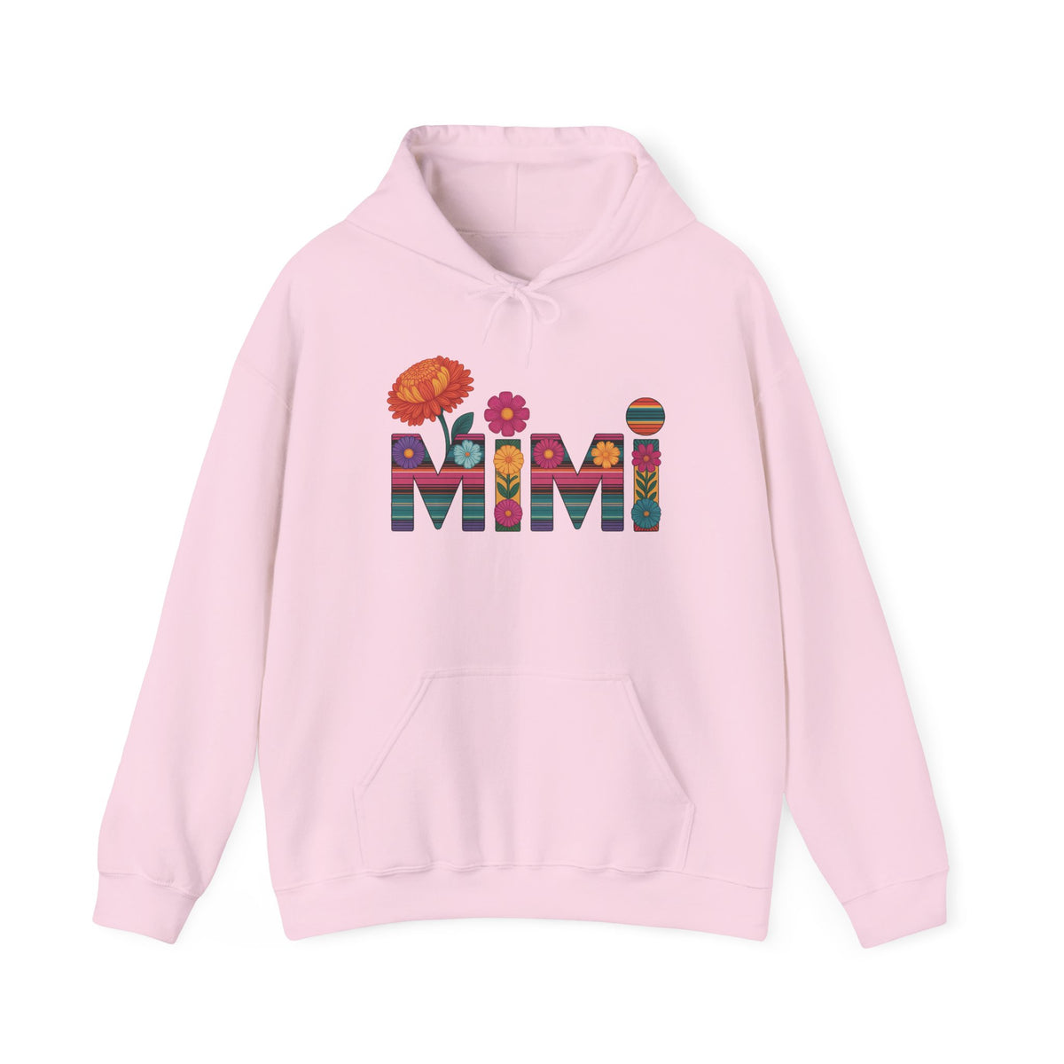 Light pink Mimi floral hoodie with serape striped letters and bright flowers