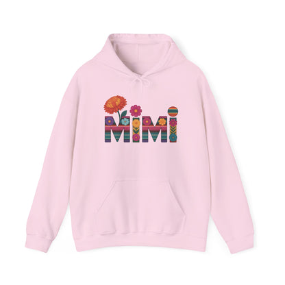 Light pink Mimi floral hoodie with serape striped letters and bright flowers