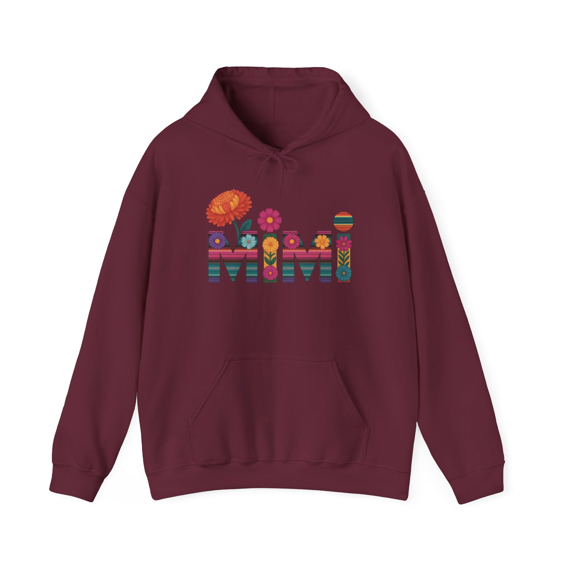 Maroon Mimi floral hoodie with serape striped letters and bright flowers