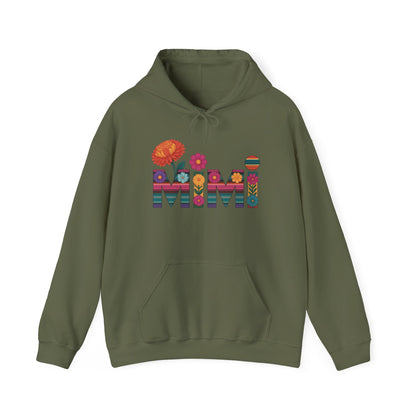 Military green Mimi floral hoodie with serape striped letters and bright flowers