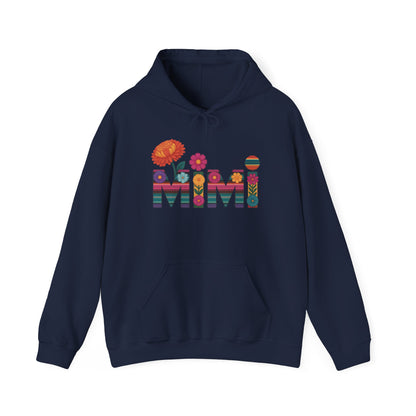 Navy Mimi floral hoodie with serape striped letters and bright flowers