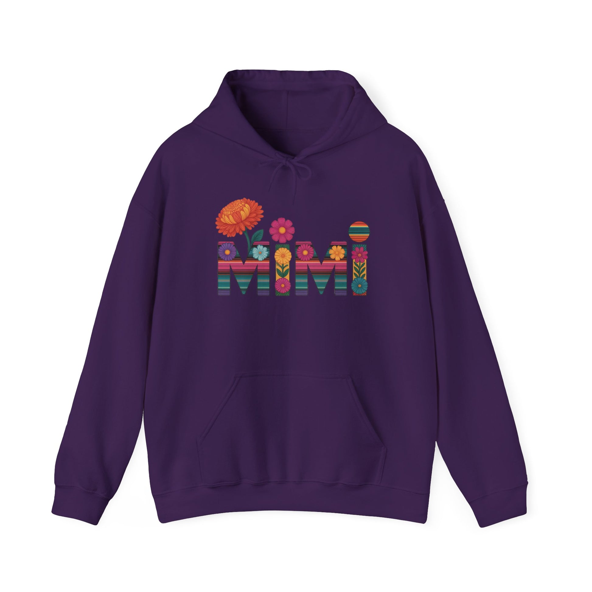 Purple Mimi floral hoodie with serape striped letters and bright flowers
