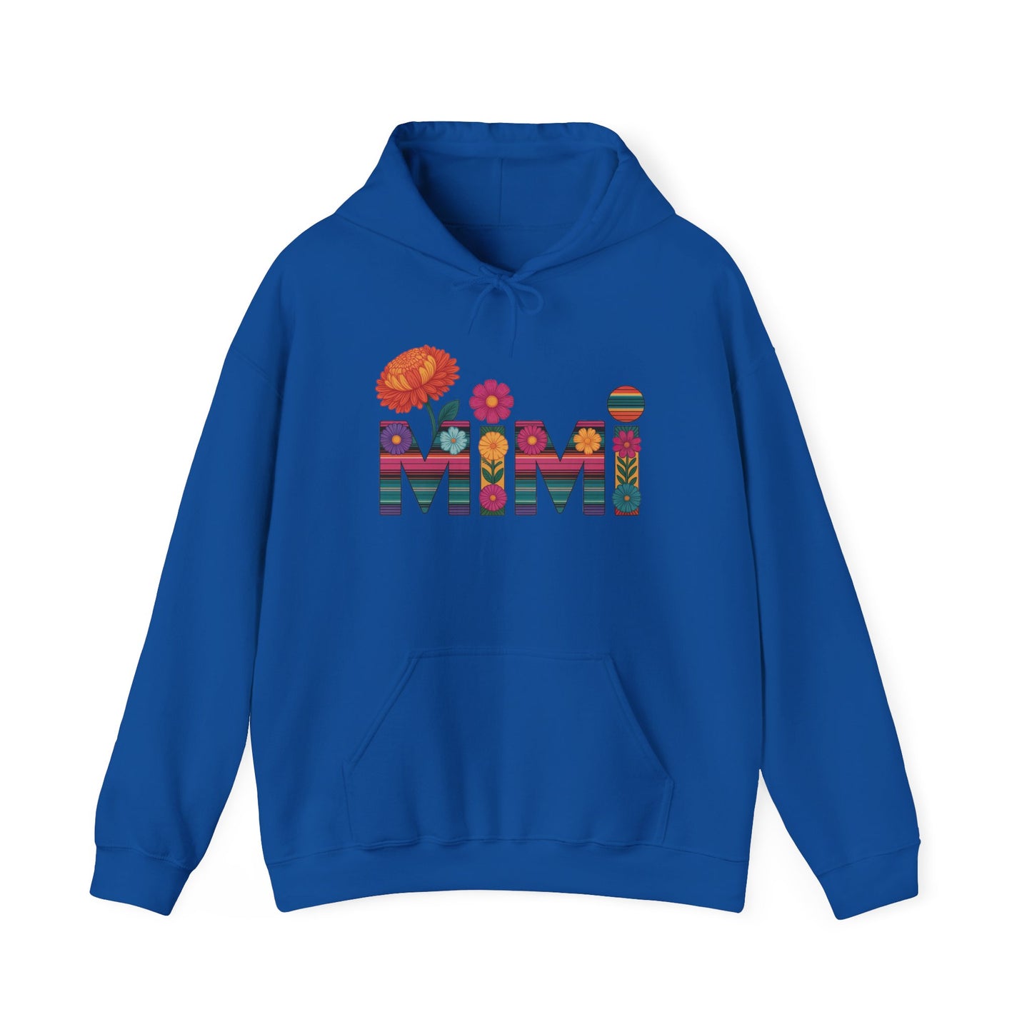 Royal blue Mimi floral hoodie with serape striped letters and bright flowers