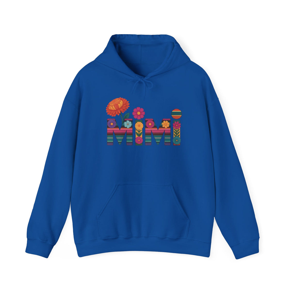 Royal blue Mimi floral hoodie with serape striped letters and bright flowers