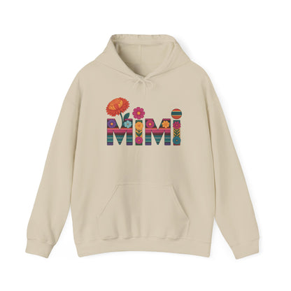 Sand Mimi floral hoodie with serape striped letters and bright flowers