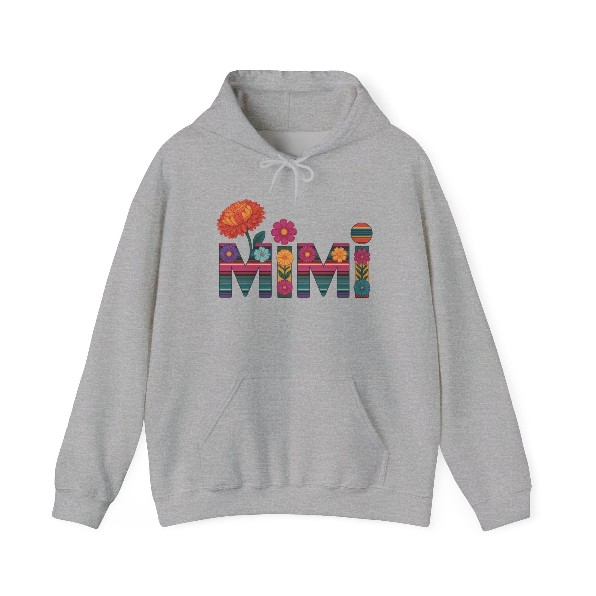 Sport grey Mimi floral hoodie with serape striped letters and bright flowers