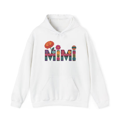 White Mimi floral hoodie with serape striped letters and bright flowers