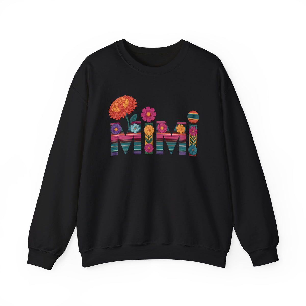 Black Mimi floral sweatshirt with serape striped letters and bright flowers