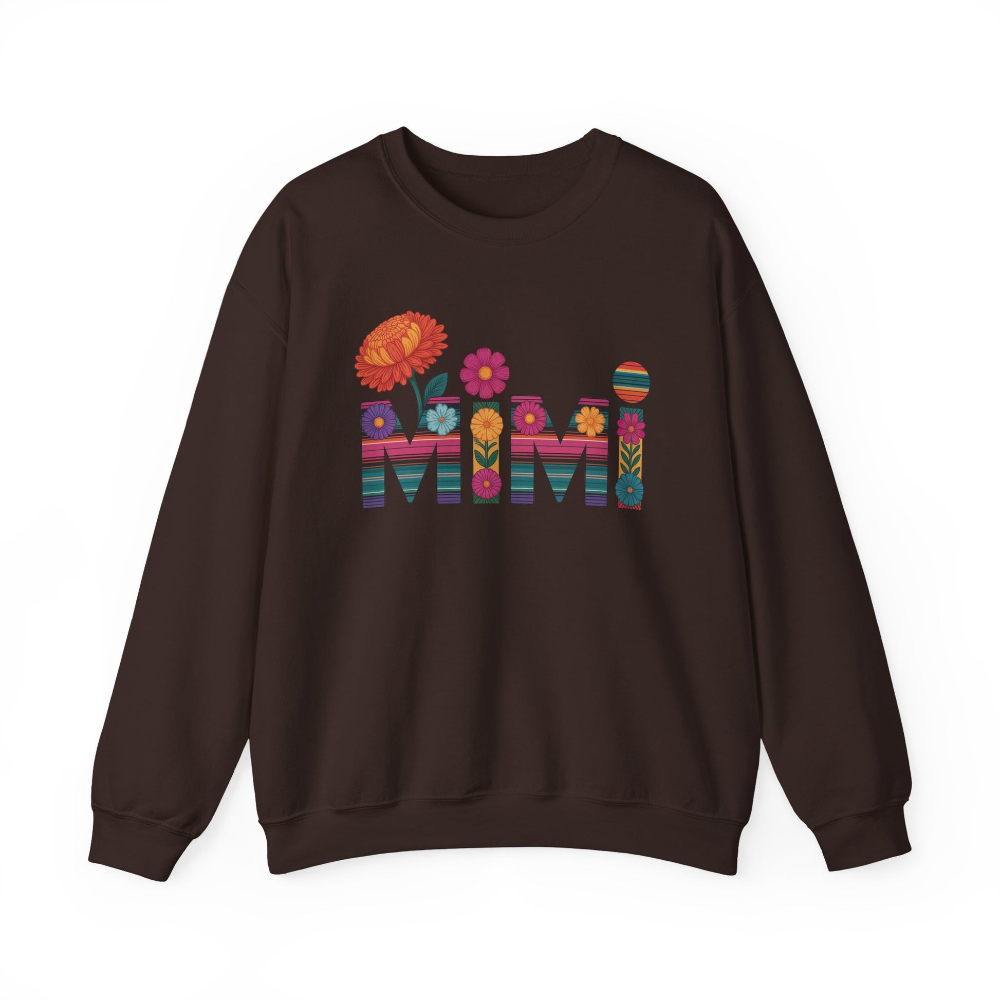 Dark chocolate Mimi floral sweatshirt with serape striped letters and bright flowers