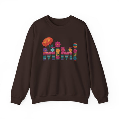 Dark chocolate Mimi floral sweatshirt with serape striped letters and bright flowers