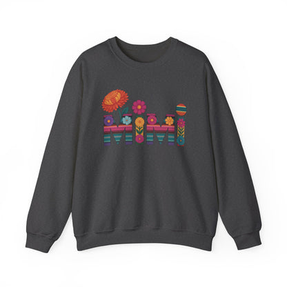 Dark heather Mimi floral sweatshirt with serape striped letters and bright flowers