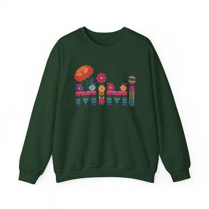 Forest green Mimi floral sweatshirt with serape striped letters and bright flowers