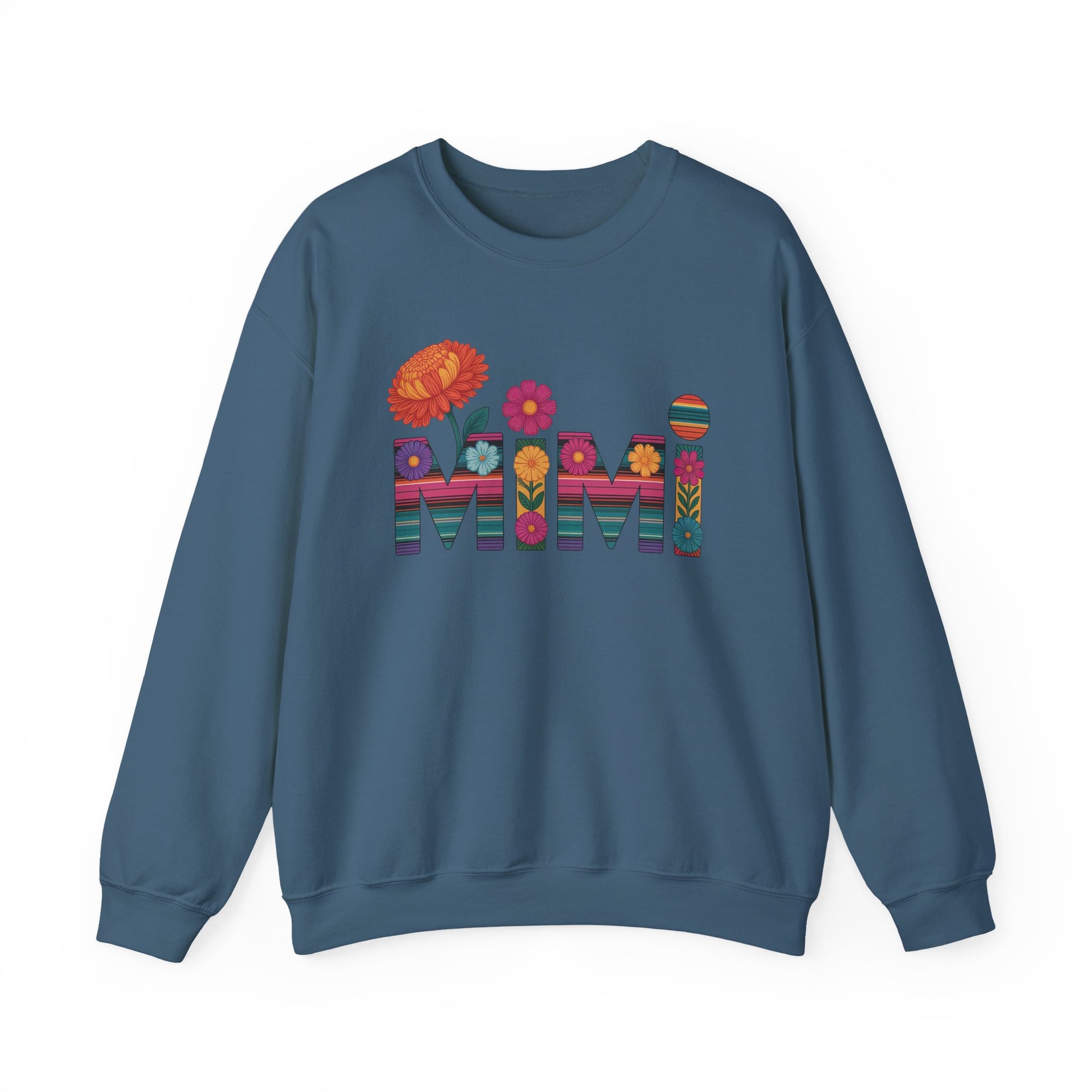 Indigo blue Mimi floral sweatshirt with serape striped letters and bright flowers