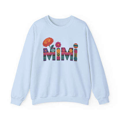 Light blue Mimi floral sweatshirt with serape striped letters and bright flowers