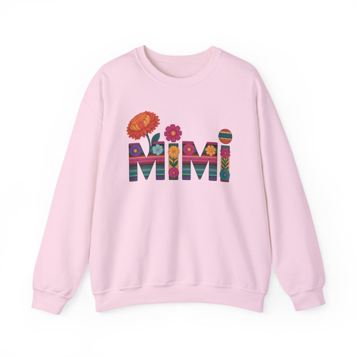 Light pink Mimi floral sweatshirt with serape striped letters and bright flowers