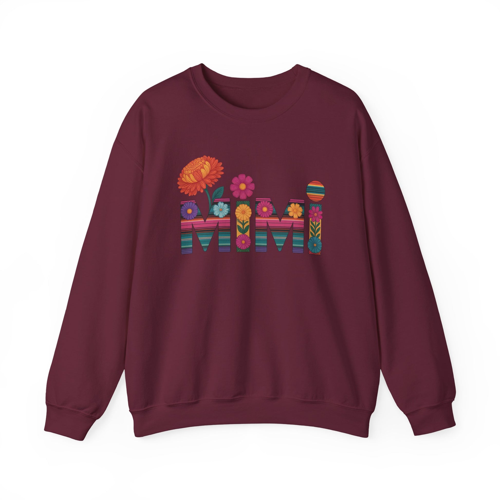 Maroon Mimi floral sweatshirt with serape striped letters and bright flowers
