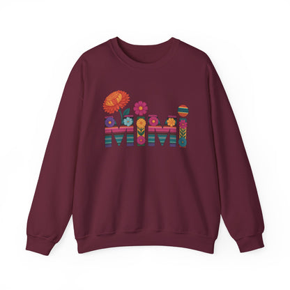 Maroon Mimi floral sweatshirt with serape striped letters and bright flowers
