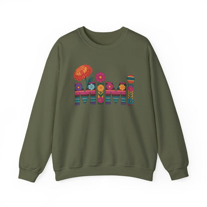 Military green Mimi floral sweatshirt with serape striped letters and bright flowers