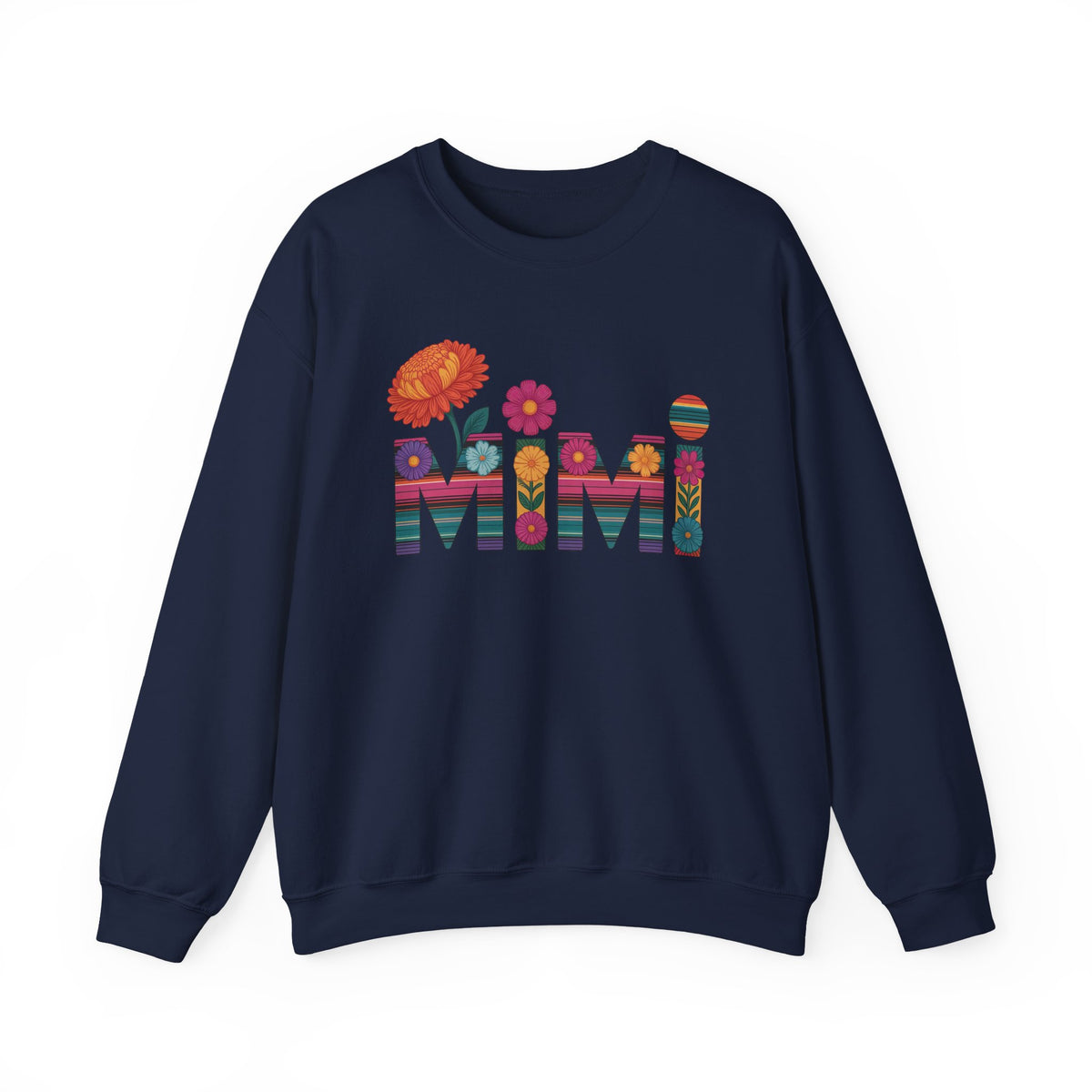 Navy Mimi floral sweatshirt with serape striped letters and bright flowers