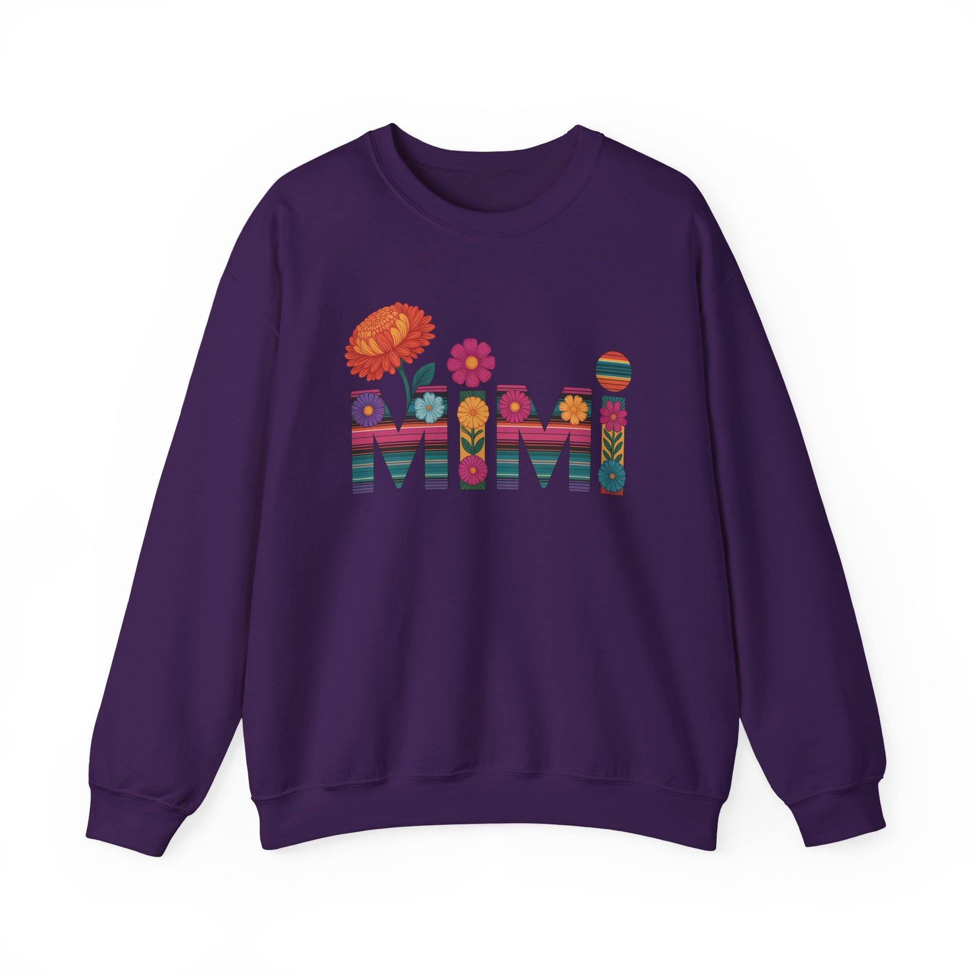 Purple Mimi floral sweatshirt with serape striped letters and bright flowers