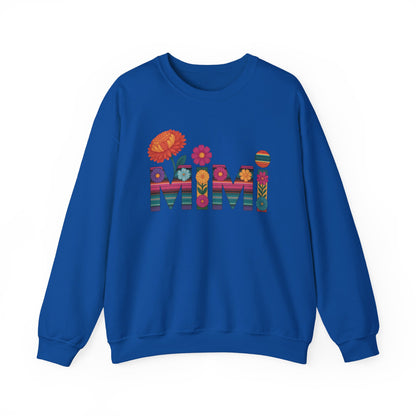 Royal blue Mimi floral sweatshirt with serape striped letters and bright flowers