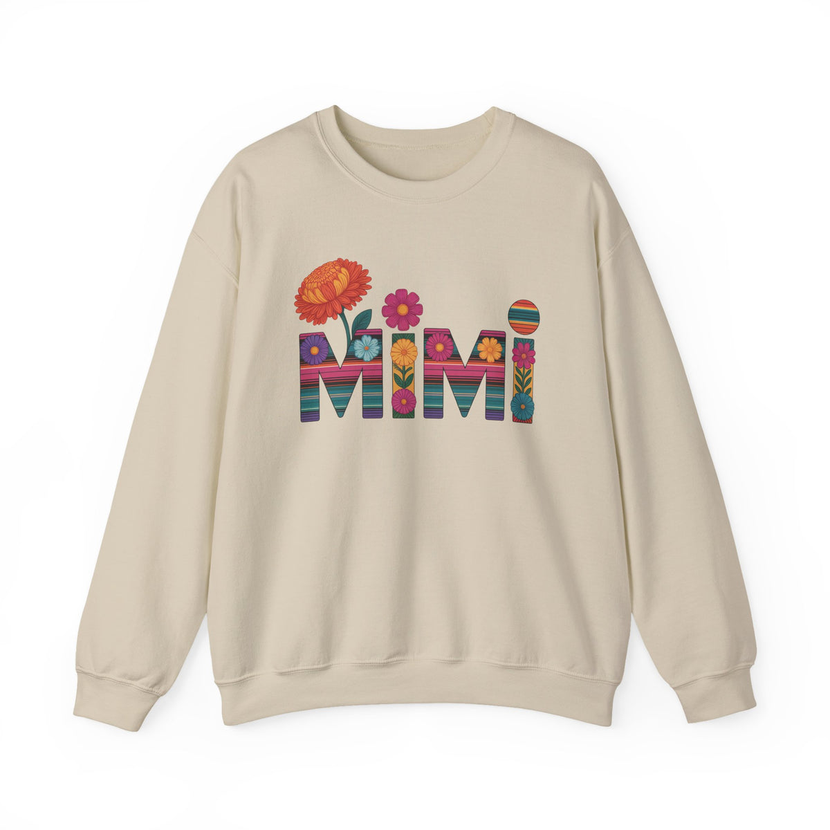 Sand Mimi floral sweatshirt with serape striped letters and bright flowers