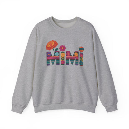 Sport grey Mimi floral sweatshirt with serape striped letters and bright flowers