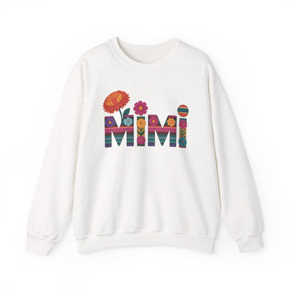 White Mimi floral sweatshirt with serape striped letters and bright flowers