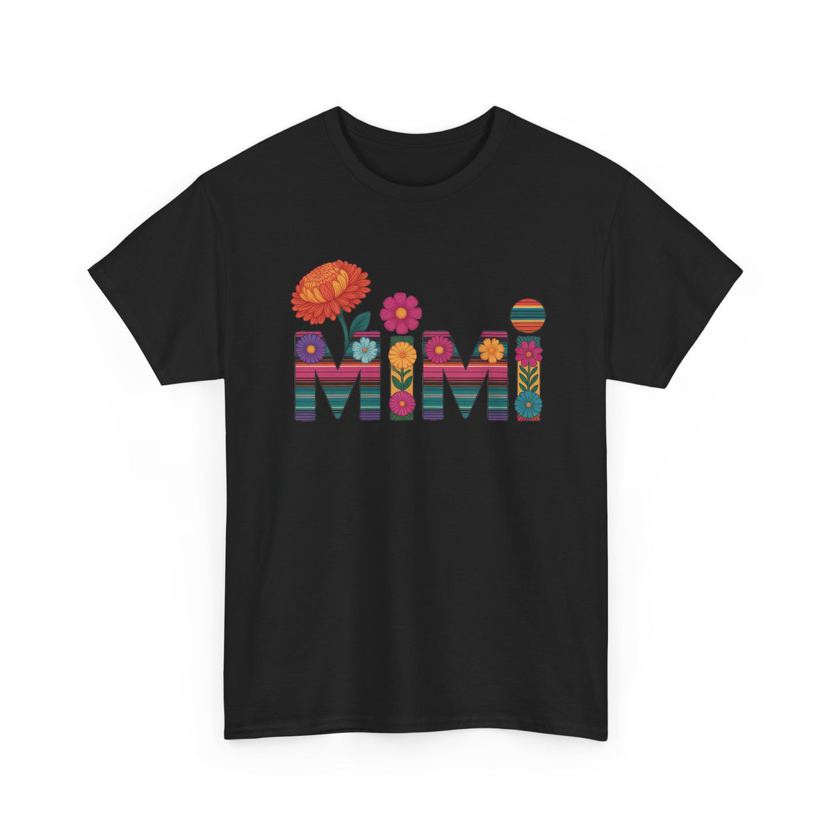 Black Mimi floral t-shirt with serape striped letters and bright flowers