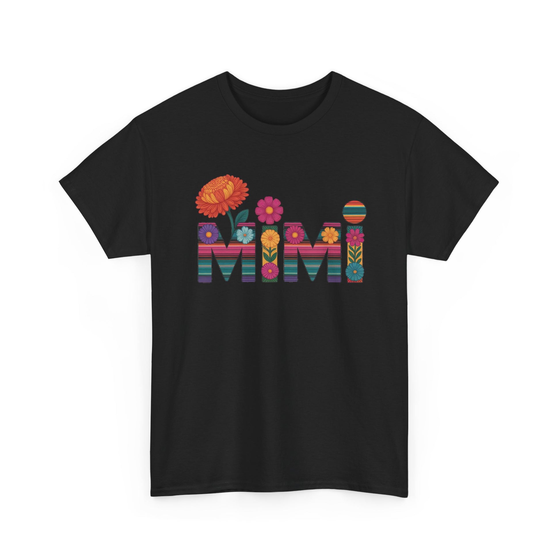 Black Mimi floral t-shirt with serape striped letters and bright flowers