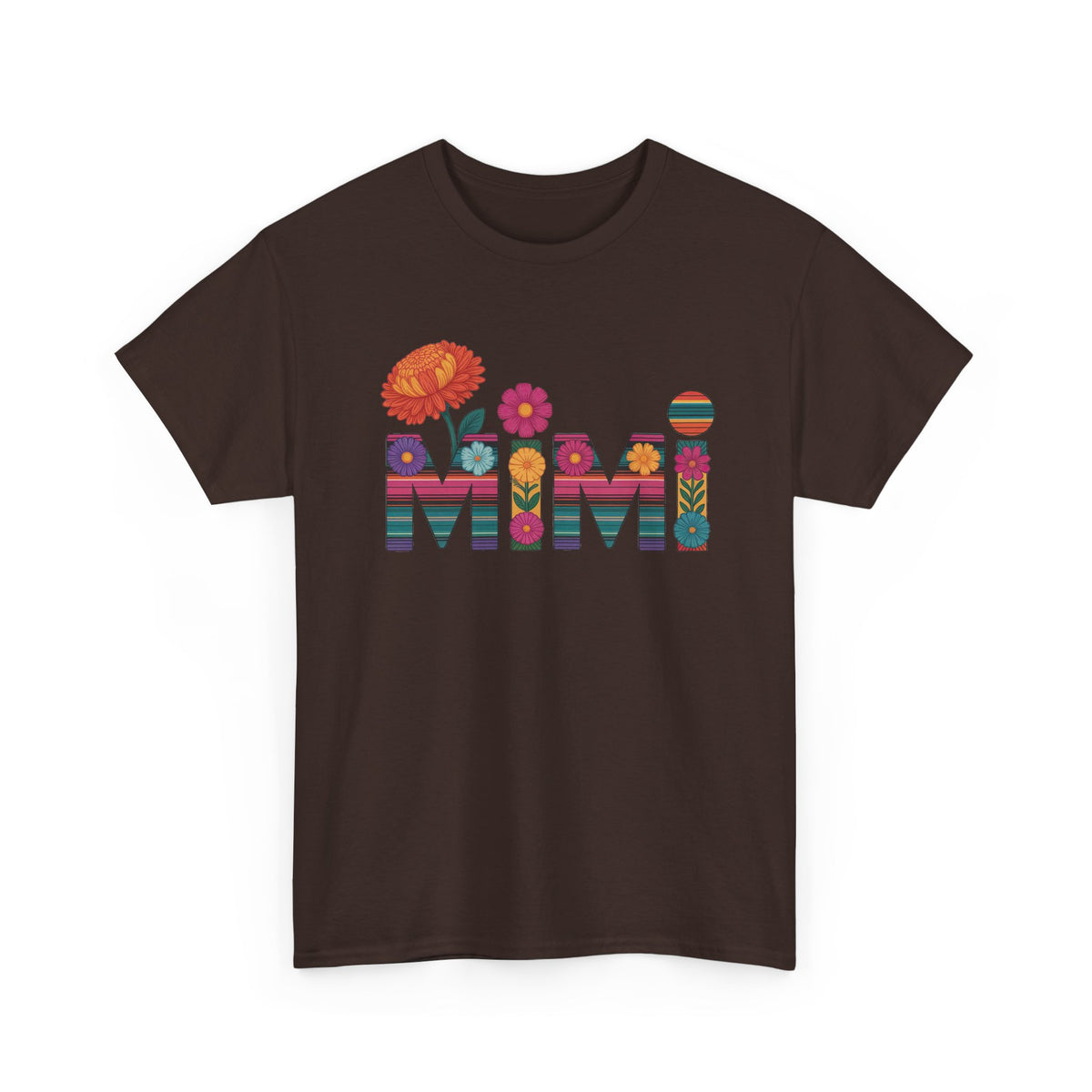 Dark chocolate Mimi floral t-shirt with serape striped letters and bright flowers