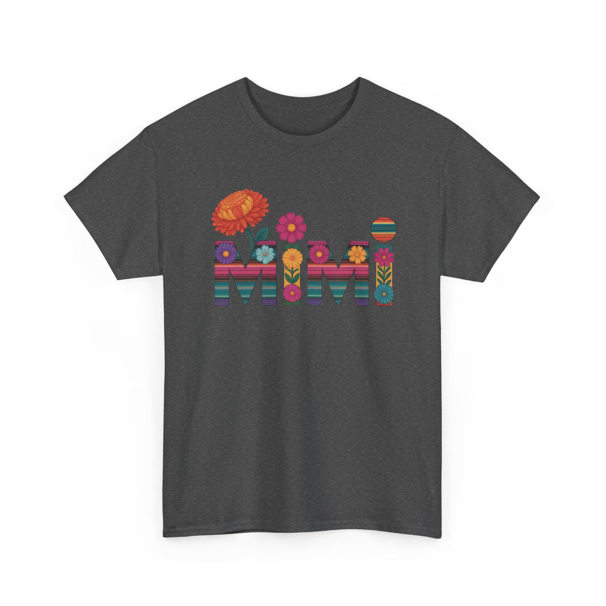 Dark heather Mimi floral t-shirt with serape striped letters and bright flowers